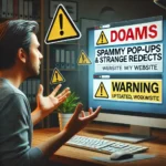 DALL·E 2025-02-05 15.19.48 - A frustrated business owner looking at their computer screen, seeing spammy pop-ups and strange redirects on their website. The screen displays an out